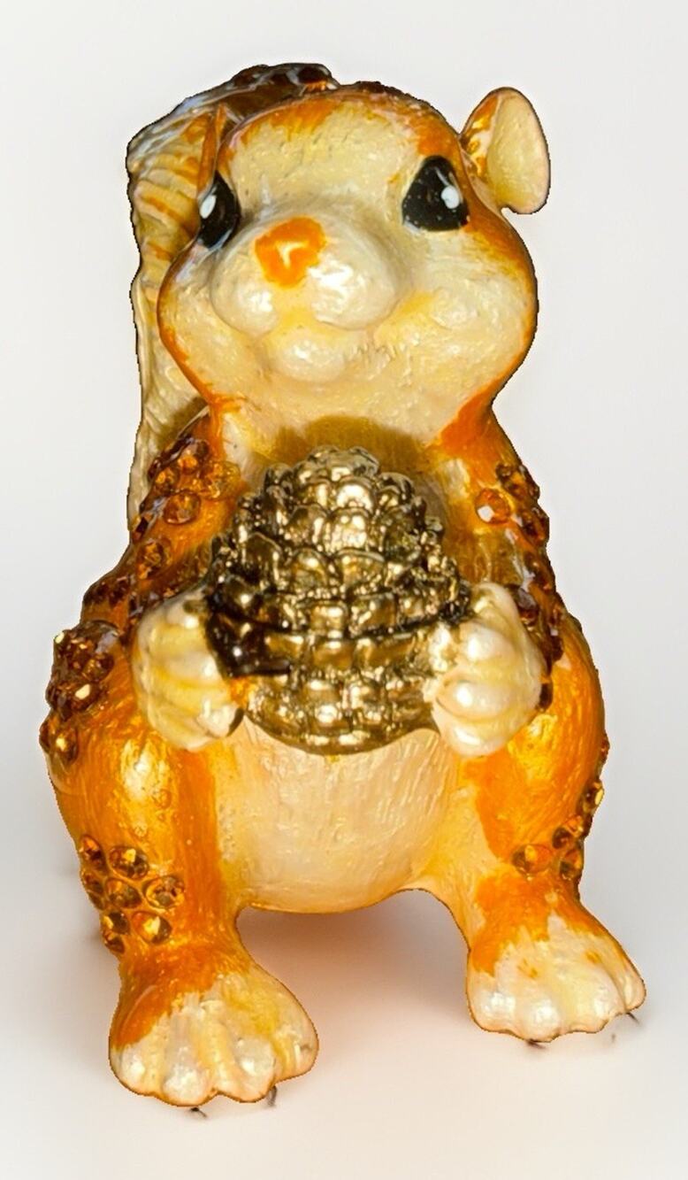 Bejeweled Golden Brown Squirrel Hinged Enameled Crystal Trinket Box 2”
